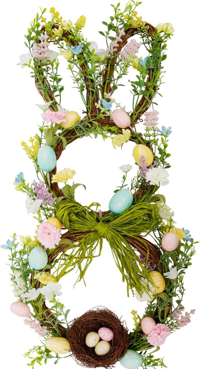 27 Inch Easter Wreath for Front Door Bunny Wreath Cute Easter Door Decorations Gifts Pastel Eggs Spring Flower Home Decor Party Holiday